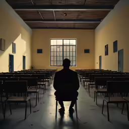 a person sitting in a room filled with lots of desks