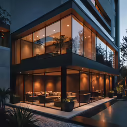 a contemporary building at night with patio and lighting