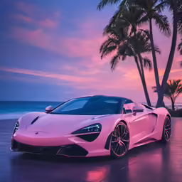 a pink car is parked by the beach at sunset