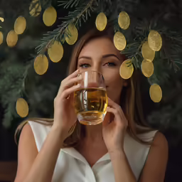 woman looking through glass holding up cup with beverage