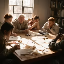 several people gathered around a table working on crafts