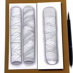 two paper tubes on a brown piece of paper next to a pen and drawing a pencil on top of it,two drawings of different styles of cords
