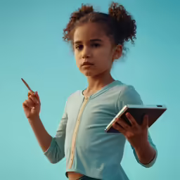 the little girl is holding a electronic device