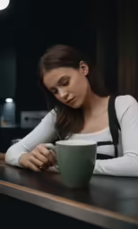 a woman sitting down holding a coffee cup