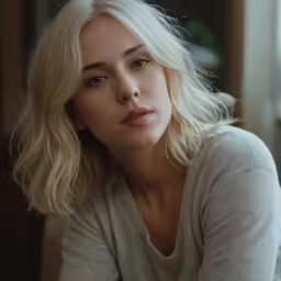 the woman in the gray shirt has her chin resting on the table
