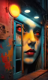 a mural on the side of a building with orange and blue light shining down