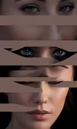 four identical images with blue eyes, a brown background and a gray center of eyeliding, the image is partially cut into half with dark lines that line