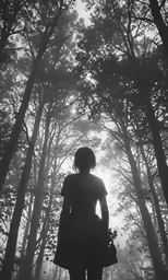 a woman is standing in a forest full of tall trees