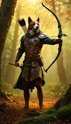 the warrior dog is posed with his bow and arrow,a dog in the woods holding an arrow