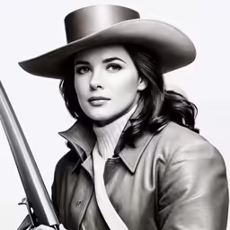 a woman in a hat holding a gun in one hand