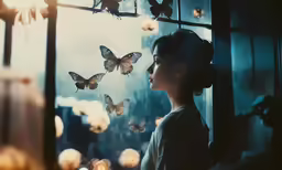 a girl is standing near a window staring at some butterflies