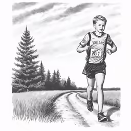 a black and white drawing of a boy running down a country road