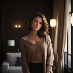 a woman is posing in front of a window