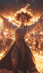 a woman in dress standing in a field surrounded by fire and sparks