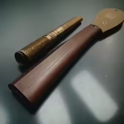two gold and brown pens with a holder