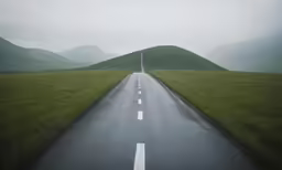 an empty road leading into the distance, with grass on both sides