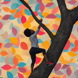 young person standing on the branches of a tree
