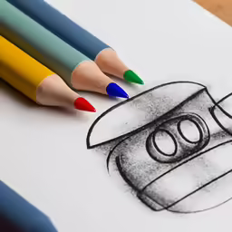 drawing of a face, hat and pencils
