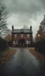a house is shown with many fall leaves on the street