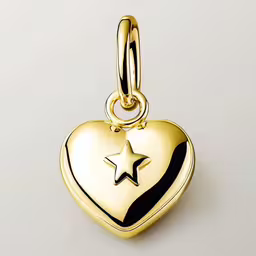 an 18kt gold heart charm with a star in the center,a heart shaped locke with a star on the top
