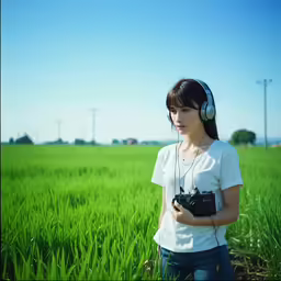 a girl with headphones on standing in the middle of a field
