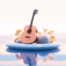 a guitar and a rock on a floating island