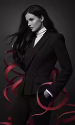 an asian woman in a suit with long black hair wearing large red letters