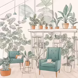 an art print of an indoor plant shop with green chairs and pots