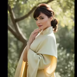 the beautiful woman is posing wearing a yellow dress