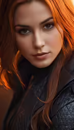 the woman is dressed in black clothing and has red hair