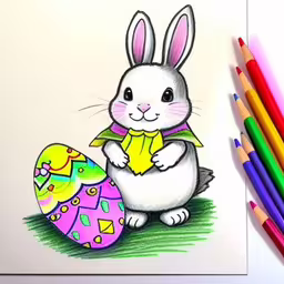 a pencil drawing of a bunny sitting in front of an egg,a drawing of a bunny with eggs on the ground