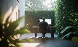 a man sits at his desk in front of a computer