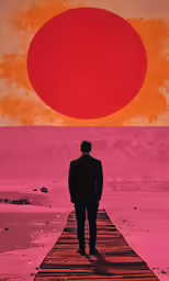 a man stands on a small pier in front of a colorful landscape
