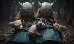 two people wearing masks sitting down in a wooded area