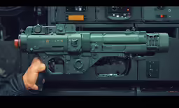 a person is holding a gun up in front of a machine