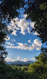 some trees hills clouds and some sky