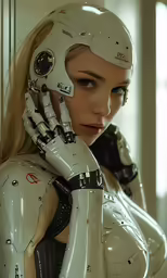 a woman with a robotic hand and helmet on