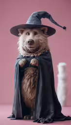 a dog dressed up like a wizard standing on a table