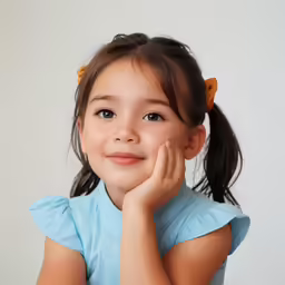 a small girl in a blue dress with a toothbrush