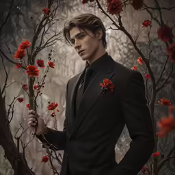a man in a suit holds a rose