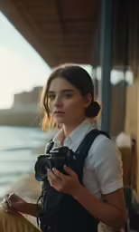 woman photographer with camera at a beach