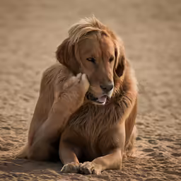a brown dog sitting on top of a sandy beach