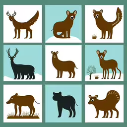 there are six different kinds of animals that appear to be on display,a series of pictures with animals in four squares,eight different animals that are silhouetted in various positions,eight different images of deer standing and sitting,different pictures of animals sitting on top of each other