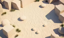 an abstract photo of various concrete blocks and spheres on top of sand