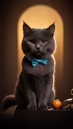 a gray cat wearing a blue bow tie and sitting on a table