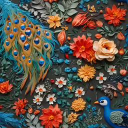 the pattern is made with plastic flowers, a peacock and feathers