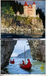 a drawing shows a boat in the water and a castle