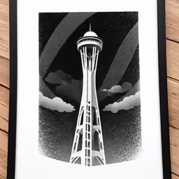 a picture of a tall tower against a black and white background