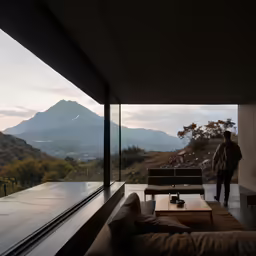 the person stands outside the window of a large room overlooking mountains