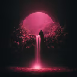 a lone man is standing in front of a pink waterfall